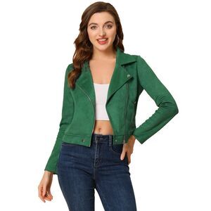 Women Short Soft Zip Up Faux Suede Biker Moto Jacket Green